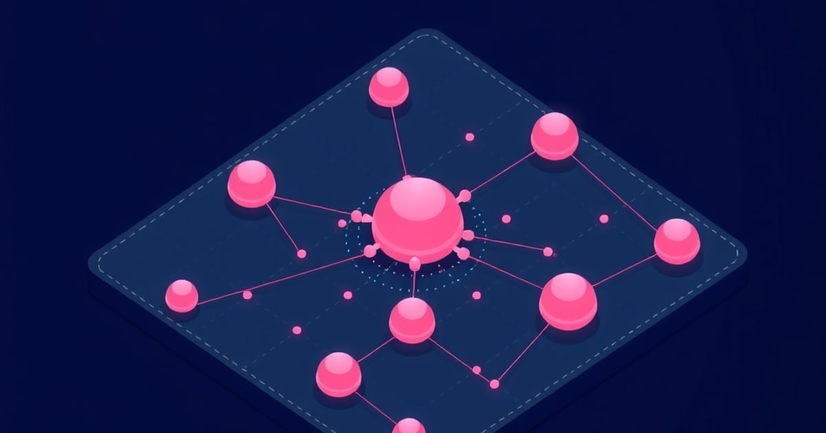 Isometric illustration of one large pink sphere ringed by smaller spheres on a dashed pad, representing a model reduced to smaller quantized versions