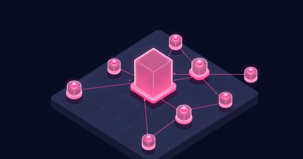 Flat isometric illustration of a translucent pink cube on a pedestal linked by pink lines to nine glowing node caps across a dark tilted platform.