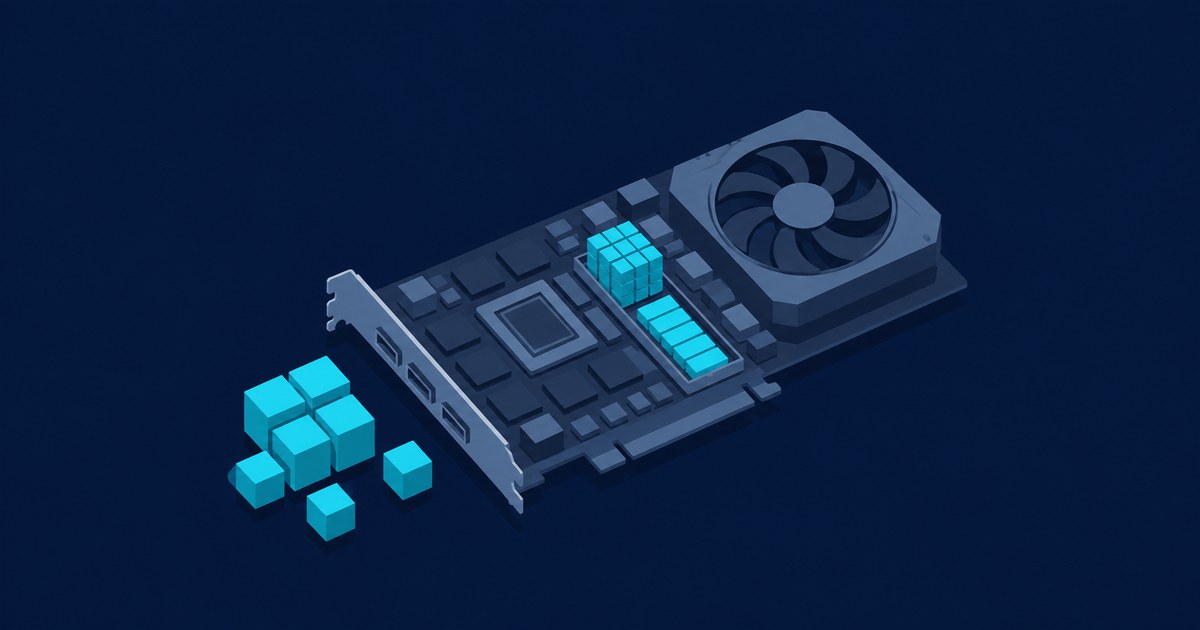 Isometric graphics card on a dark blue background, with cyan memory blocks highlighting VRAM used to run a quantized 7B model.