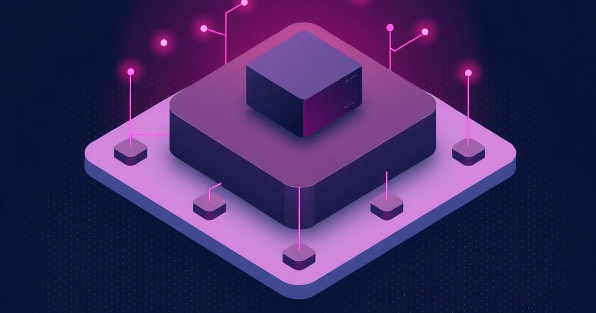 Isometric purple cube on a stacked platform with glowing pink circuit lines linking to small nodes, suggesting a local AI model loaded onto hardware.