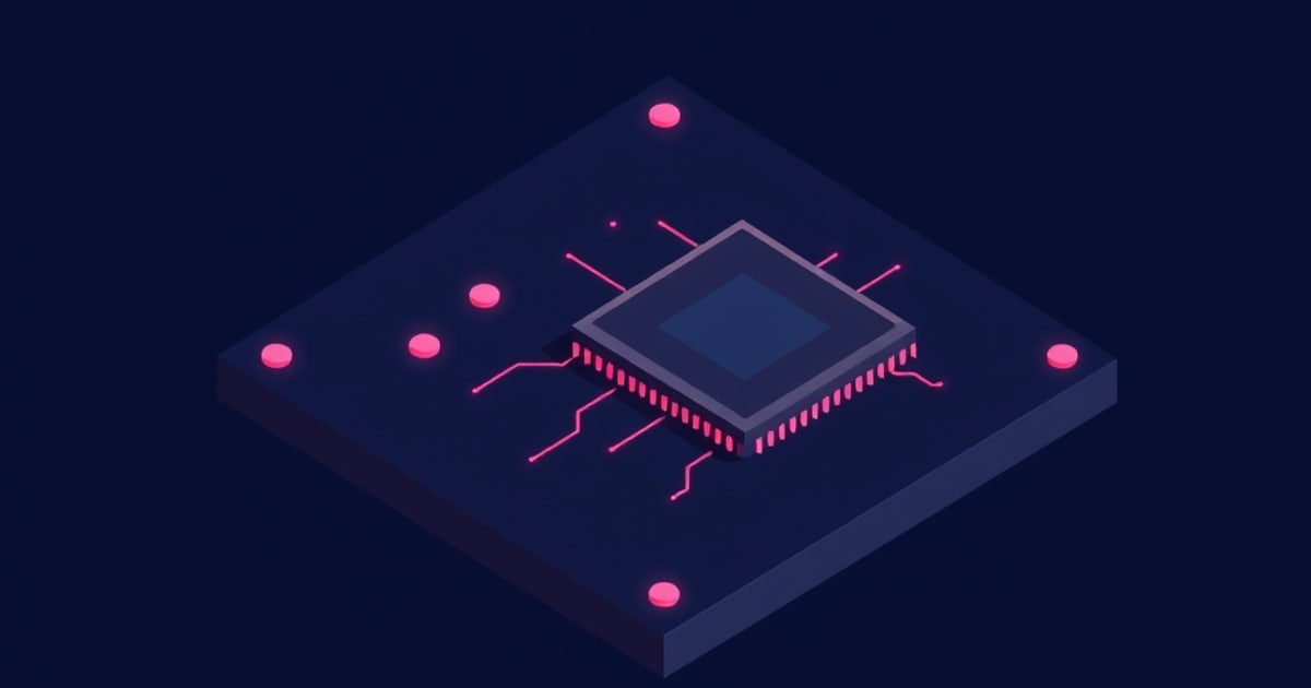 Flat isometric illustration of a dark microchip with pink pins and glowing circuit traces on a navy board with pink mounting pads at the corners.