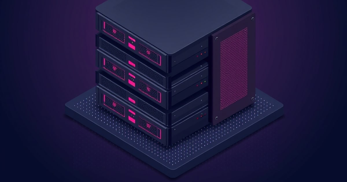 Flat isometric illustration of stacked dark rack servers with magenta-lit drive bays beside a perforated tower panel on a dotted plinth, purple background.