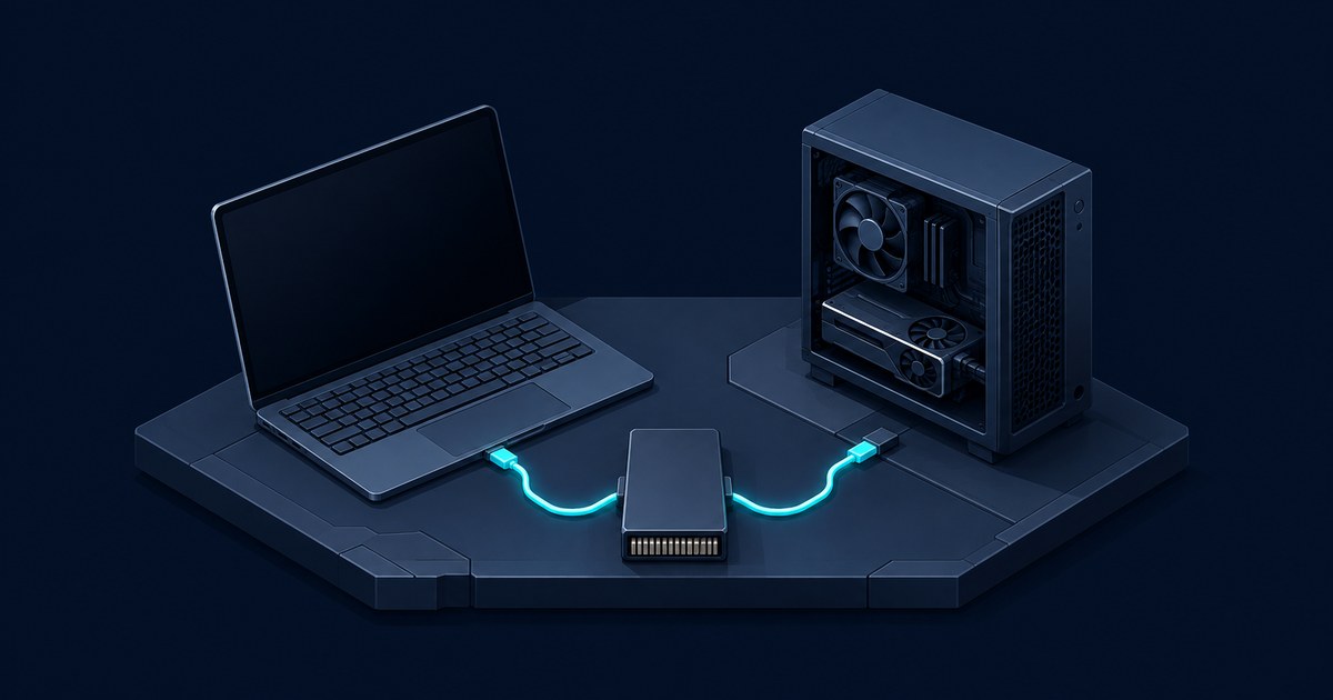 A dark 3D-rendered laptop and desktop PC connect through a compact external drive with glowing cyan cables, suggesting local AI workflows.