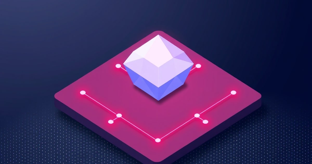 Isometric magenta chip platform with glowing pink circuit traces holding a faceted lavender crystal, symbolizing a locally run AI model on a dark navy backdrop